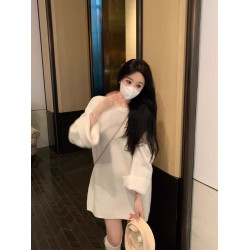 韓系溫柔慵懶風粉色浣熊絨中長款毛衣女秋冬外穿高級感軟糯針織衫