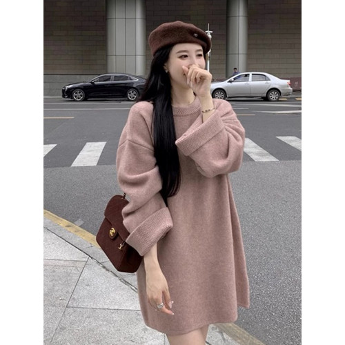 韓系溫柔慵懶風粉色浣熊絨中長款毛衣女秋冬外穿高級感軟糯針織衫 韓系溫柔慵懶風粉色浣熊絨中長款毛衣女秋冬外穿高級感軟糯針織衫