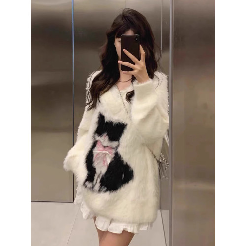 白色水貂絨貓咪提花毛衣秋冬慵懶巨好看寬松軟糯加厚內搭針織上衣 白色水貂絨貓咪提花毛衣秋冬慵懶巨好看寬松軟糯加厚內搭針織上衣