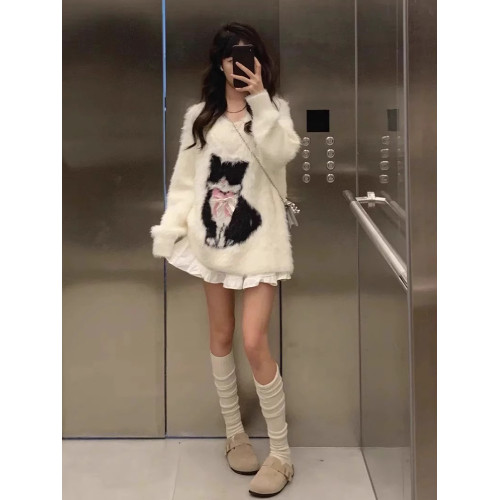 白色水貂絨貓咪提花毛衣秋冬慵懶巨好看寬松軟糯加厚內搭針織上衣 白色水貂絨貓咪提花毛衣秋冬慵懶巨好看寬松軟糯加厚內搭針織上衣