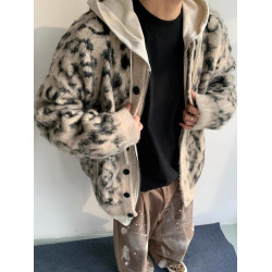 秋冬新款美式復古痞帥拉毛豹紋開衫毛衣男女休閒寬鬆針織衫外套潮