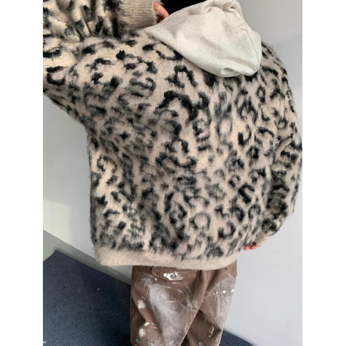 秋冬新款美式復古痞帥拉毛豹紋開衫毛衣男女休閒寬鬆針織衫外套潮