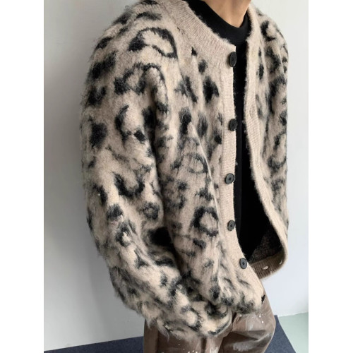 秋冬新款美式復古痞帥拉毛豹紋開衫毛衣男女休閒寬鬆針織衫外套潮