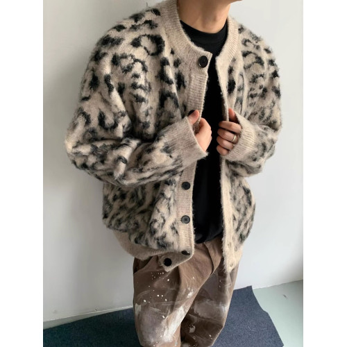 秋冬新款美式復古痞帥拉毛豹紋開衫毛衣男女休閒寬鬆針織衫外套潮