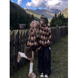 美式復古菱格撞色毛衣男女情侶裝秋冬美拉德慵嬾風開衫針織衫外套