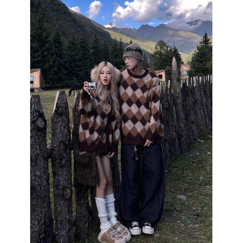 美式復古菱格撞色毛衣男女情侶裝秋冬美拉德慵嬾風開衫針織衫外套