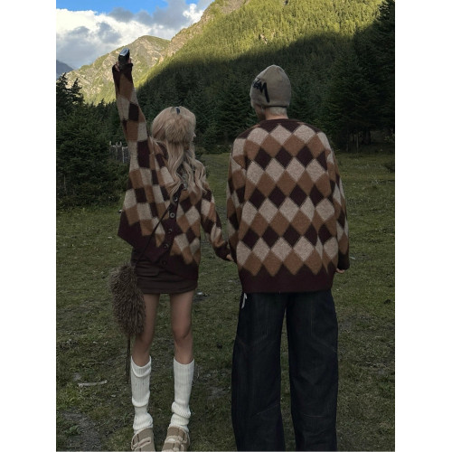 美式復古菱格撞色毛衣男女情侶裝秋冬美拉德慵嬾風開衫針織衫外套