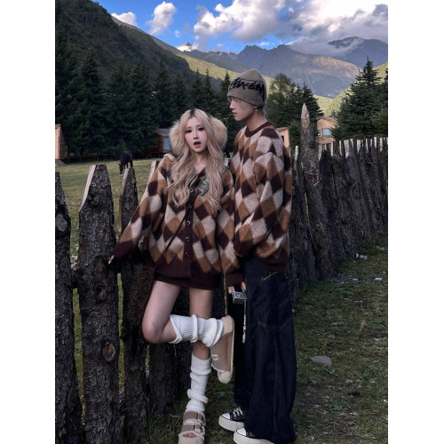 美式復古菱格撞色毛衣男女情侶裝秋冬美拉德慵嬾風開衫針織衫外套