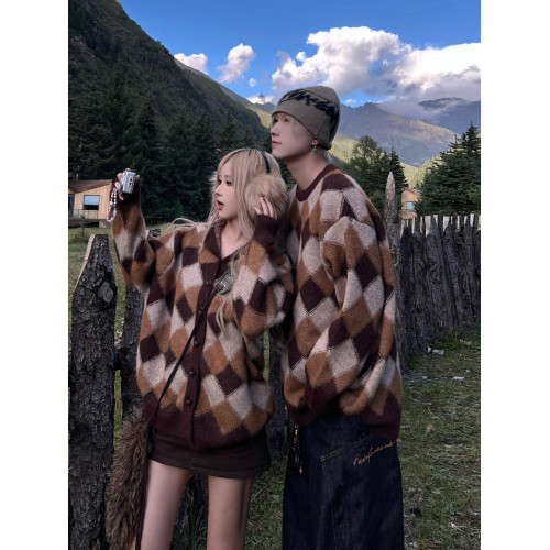 美式復古菱格撞色毛衣男女情侶裝秋冬美拉德慵嬾風開衫針織衫外套