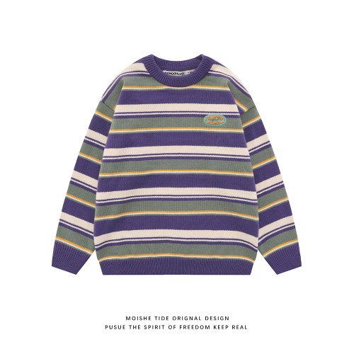 MOISHE TIDE潮牌復古撞色條紋圓領毛衣男女寬鬆學院風情侶針織衫
