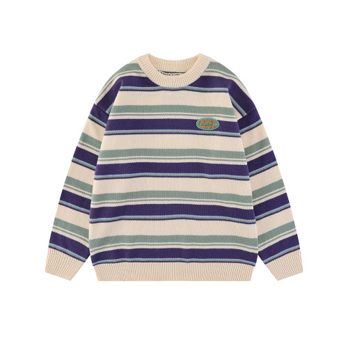 MOISHE TIDE潮牌復古撞色條紋圓領毛衣男女寬鬆學院風情侶針織衫