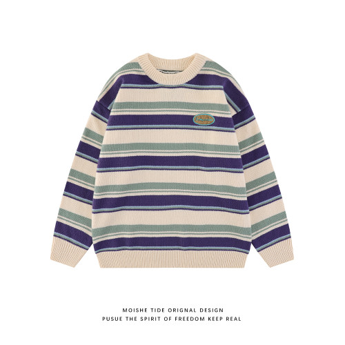 MOISHE TIDE潮牌復古撞色條紋圓領毛衣男女寬鬆學院風情侶針織衫