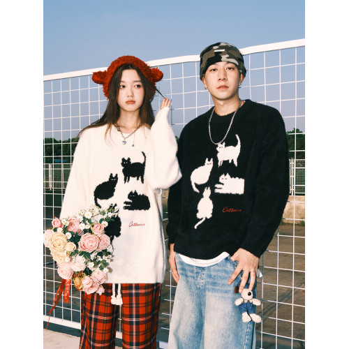 lemanism卡通貓咪馬海毛毛衣男女潮牌寬鬆慵嬾針織衫秋冬潮牌線衫