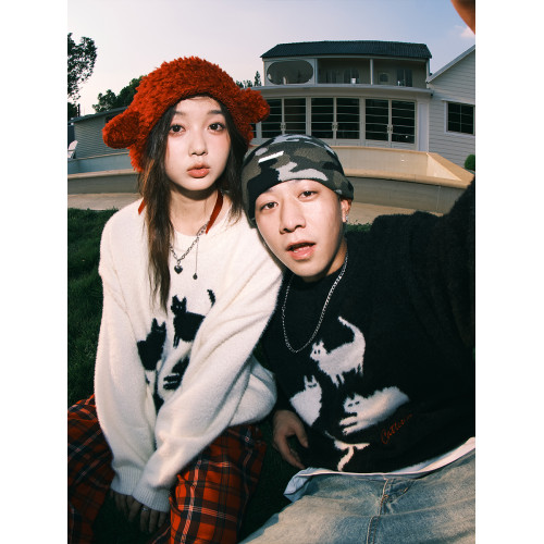 lemanism卡通貓咪馬海毛毛衣男女潮牌寬鬆慵嬾針織衫秋冬潮牌線衫