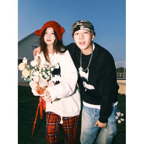 lemanism卡通貓咪馬海毛毛衣男女潮牌寬鬆慵嬾針織衫秋冬潮牌線衫