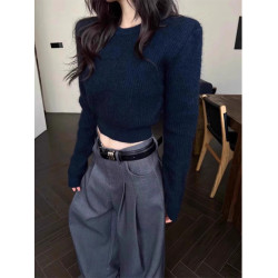 美拉德咖色短款修身毛衣內搭女墊肩上衣秋冬季正肩收腰針織打底衫