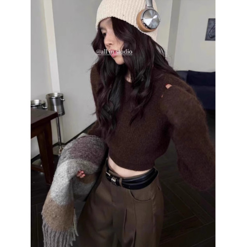 美拉德咖色短款修身毛衣內搭女墊肩上衣秋冬季正肩收腰針織打底衫 美拉德咖色短款修身毛衣內搭女墊肩上衣秋冬季正肩收腰針織打底衫