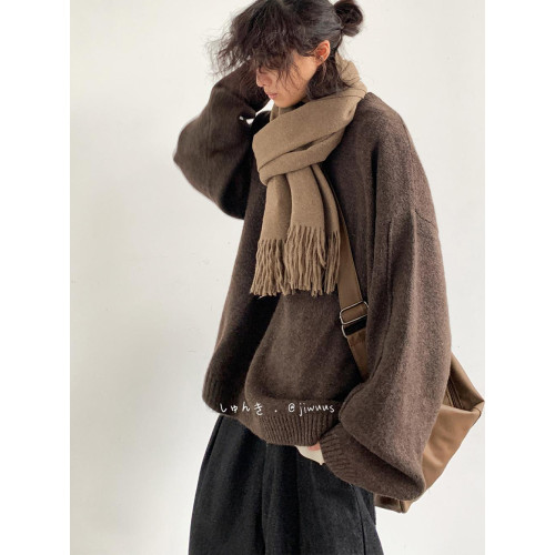 秋冬日系復古純色針織衫男女生學院風休閒寬鬆中性美拉德毛衣外套