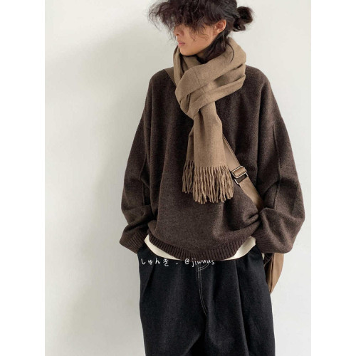 秋冬日系復古純色針織衫男女生學院風休閒寬鬆中性美拉德毛衣外套