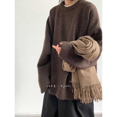 秋冬日系復古純色針織衫男女生學院風休閒寬鬆中性美拉德毛衣外套