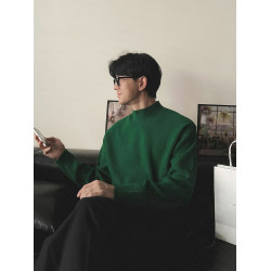 高級感綠色半高領毛衣男士冬季美式修身針織衫中領內搭打底衫上衣