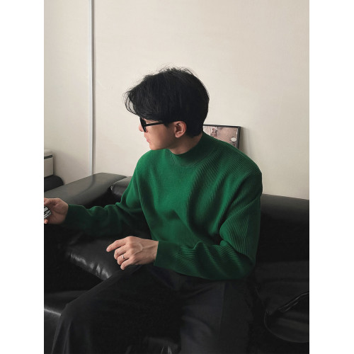 高級感綠色半高領毛衣男士冬季美式修身針織衫中領內搭打底衫上衣