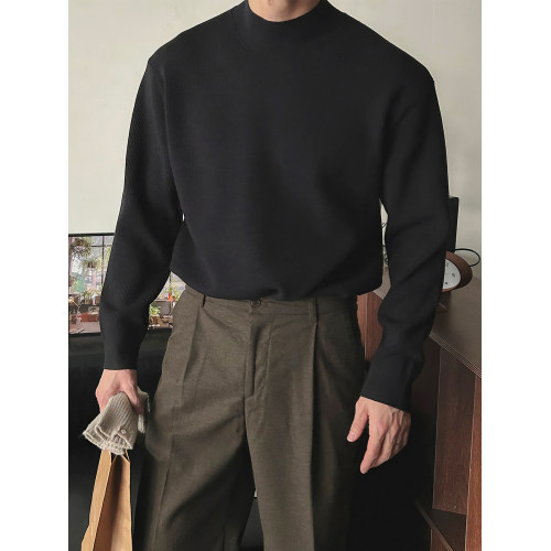 高級感綠色半高領毛衣男士冬季美式修身針織衫中領內搭打底衫上衣