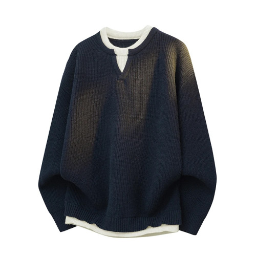 2025秋季新款針織衫假兩件毛衣男款加厚毛線外套冬季潮流保暖上衣