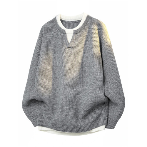 2025秋季新款針織衫假兩件毛衣男款加厚毛線外套冬季潮流保暖上衣