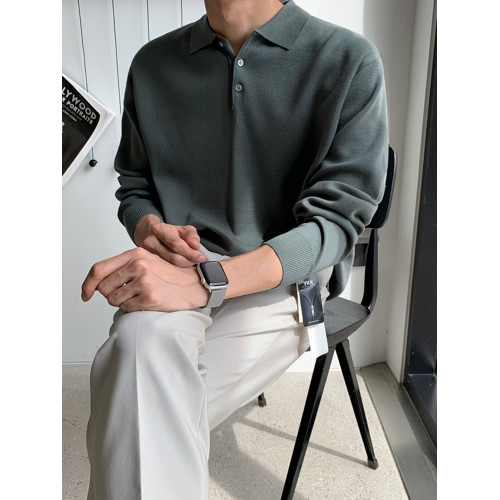 MRCYC長袖針織衫男士秋季韓系寬鬆潮流百搭純色Polo領毛衣打底衫