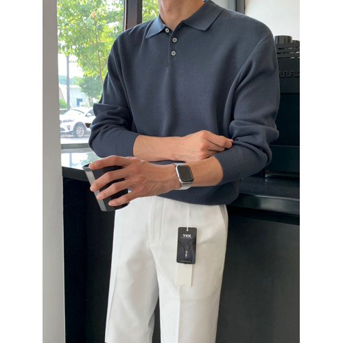 MRCYC長袖針織衫男士秋季韓系寬鬆潮流百搭純色Polo領毛衣打底衫