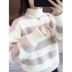 時尚條紋毛衣女外穿雪尼爾上衣秋冬加厚女士打底針織衫寬松大碼潮
