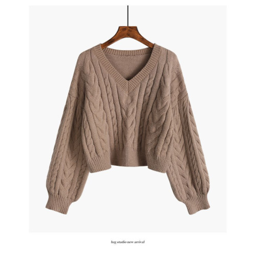 v領麻花毛衣女寬松外穿春秋新款套頭小個子針織衫短款慵懶風上衣 v領麻花毛衣女寬松外穿春秋新款套頭小個子針織衫短款慵懶風上衣