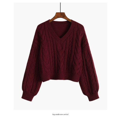 v領麻花毛衣女寬松外穿春秋新款套頭小個子針織衫短款慵懶風上衣 v領麻花毛衣女寬松外穿春秋新款套頭小個子針織衫短款慵懶風上衣