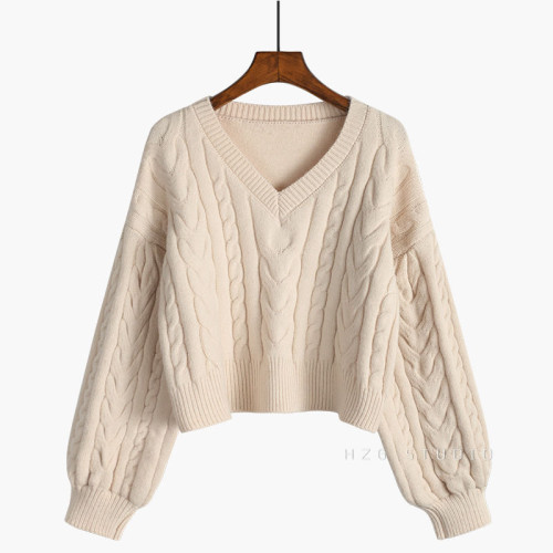 v領麻花毛衣女寬松外穿春秋新款套頭小個子針織衫短款慵懶風上衣 v領麻花毛衣女寬松外穿春秋新款套頭小個子針織衫短款慵懶風上衣