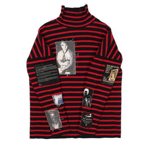 raf秋冬貼布高領打底衫simons權志龍同款寬松內搭條紋長袖T恤男