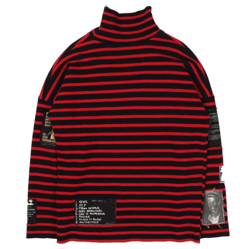 raf秋冬貼布高領打底衫simons權志龍同款寬松內搭條紋長袖T恤男