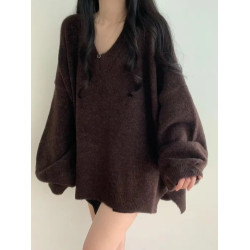 氣質獨特V領正肩針織毛衣女冬季大碼胖mm慵懶風中長款打底衫上衣