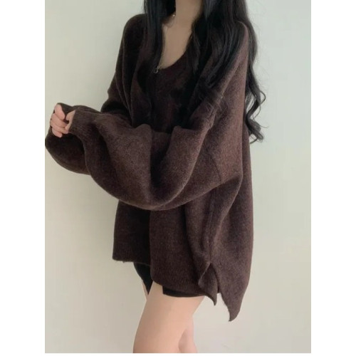 氣質獨特V領正肩針織毛衣女冬季大碼胖mm慵懶風中長款打底衫上衣 氣質獨特V領正肩針織毛衣女冬季大碼胖mm慵懶風中長款打底衫上衣