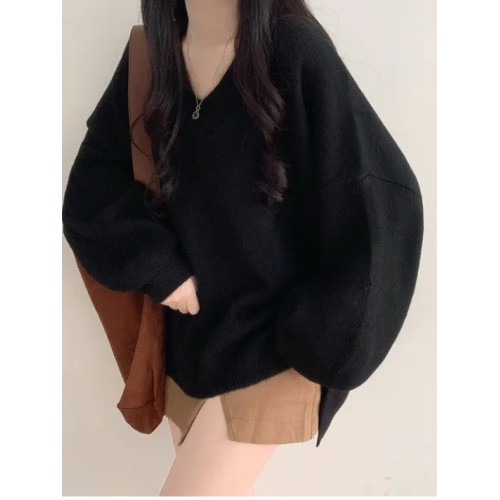 氣質獨特V領正肩針織毛衣女冬季大碼胖mm慵懶風中長款打底衫上衣 氣質獨特V領正肩針織毛衣女冬季大碼胖mm慵懶風中長款打底衫上衣