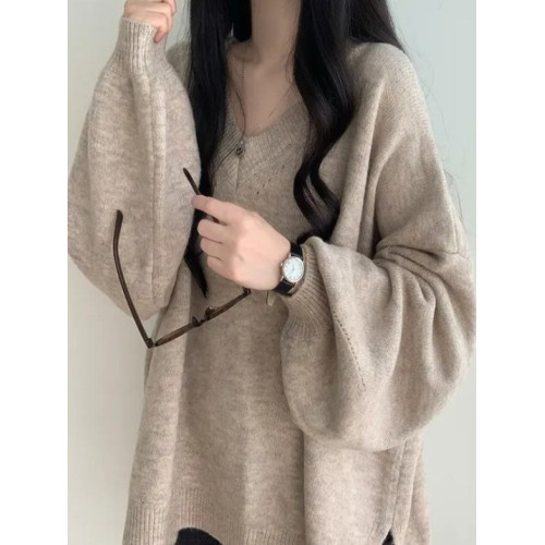 氣質獨特V領正肩針織毛衣女冬季大碼胖mm慵懶風中長款打底衫上衣 氣質獨特V領正肩針織毛衣女冬季大碼胖mm慵懶風中長款打底衫上衣