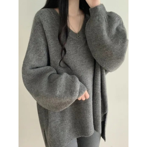 氣質獨特V領正肩針織毛衣女冬季大碼胖mm慵懶風中長款打底衫上衣 氣質獨特V領正肩針織毛衣女冬季大碼胖mm慵懶風中長款打底衫上衣