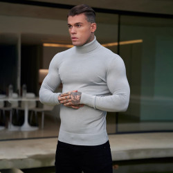 秋冬長袖針織衫打底衫高領健身套頭修身緊身衣純色休閒肌肉男毛衣