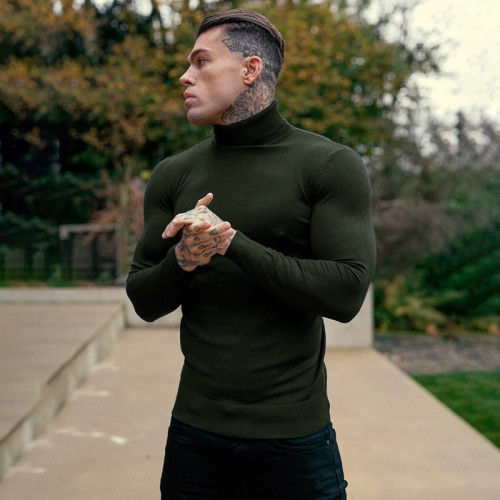 秋冬長袖針織衫打底衫高領健身套頭修身緊身衣純色休閒肌肉男毛衣