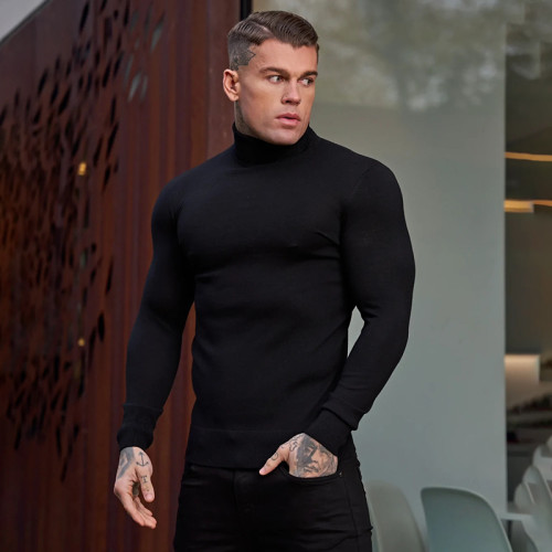 秋冬長袖針織衫打底衫高領健身套頭修身緊身衣純色休閒肌肉男毛衣