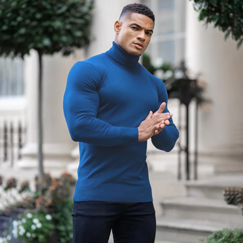 秋冬長袖針織衫打底衫高領健身套頭修身緊身衣純色休閒肌肉男毛衣