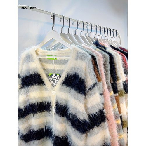 秋冬復古馬海毛學院風軟糯彩色漸變條紋毛衣男女慵懶針織開衫外套