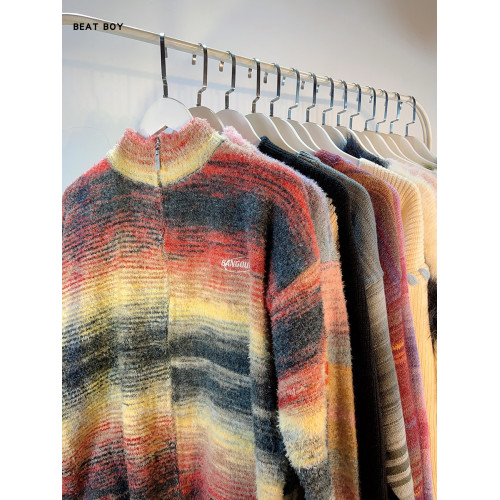 秋冬復古馬海毛學院風軟糯彩色漸變條紋毛衣男女慵懶針織開衫外套