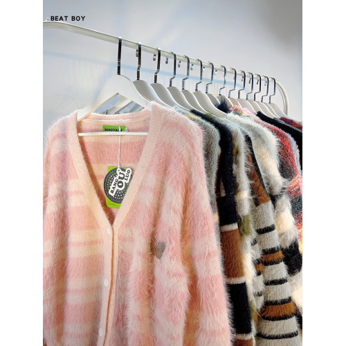 秋冬復古馬海毛學院風軟糯彩色漸變條紋毛衣男女慵懶針織開衫外套