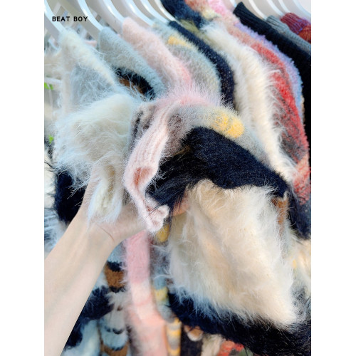 秋冬復古馬海毛學院風軟糯彩色漸變條紋毛衣男女慵懶針織開衫外套